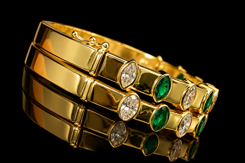 Marquise & Oval Diamond and Emerald Bezel Bangle (brac050)