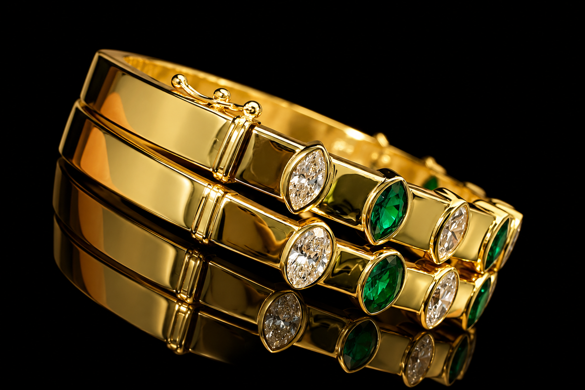 Marquise & Oval Diamond and Emerald Bezel Bangle (brac050)