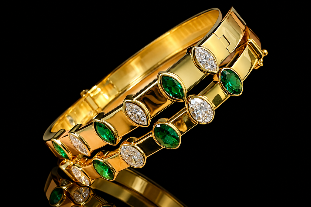 Marquise & Oval Diamond and Emerald Bezel Bangle (brac050)