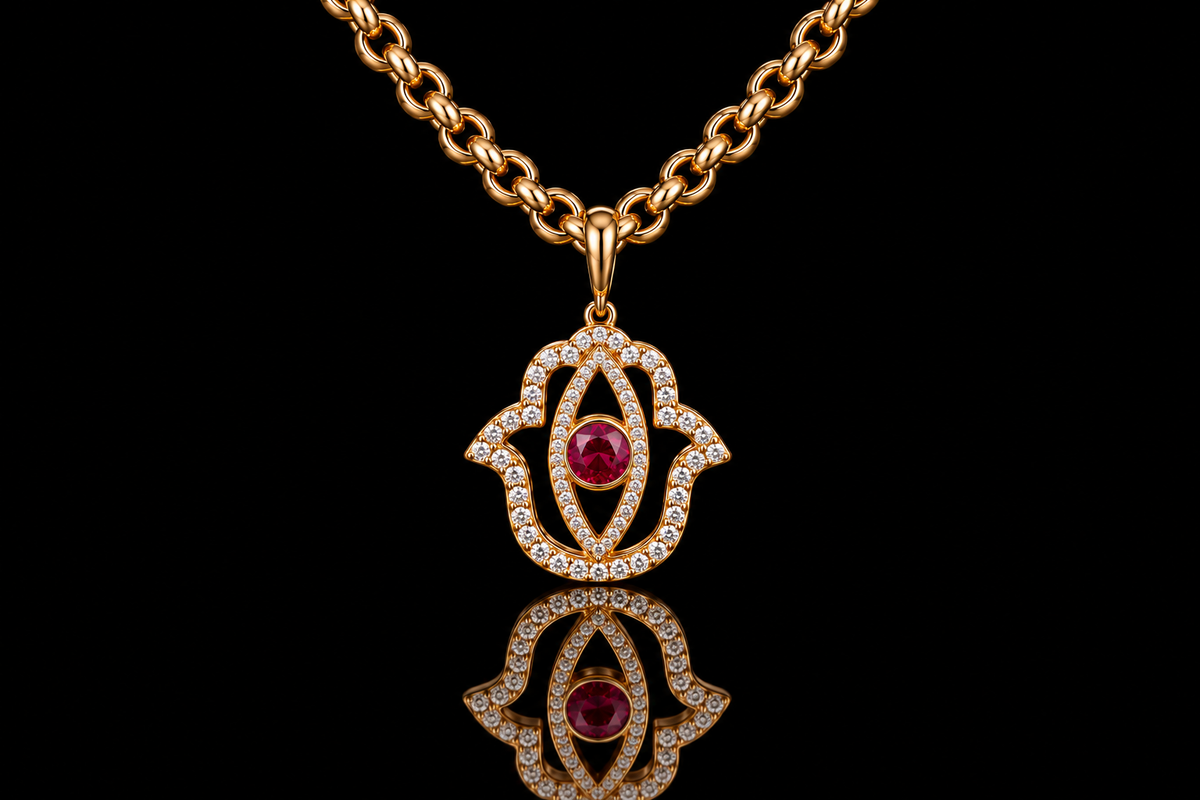 Ruby & Diamond Hamsa Pendant in Yellow Gold (pend173)